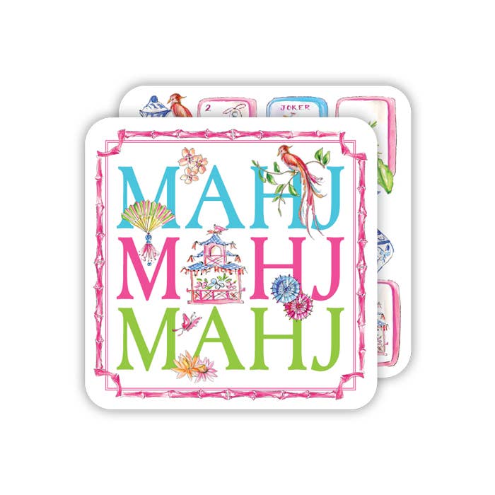 Mahj Mahj Mahj with Mahjong Icons Square Coaster - The Pink Pineapple 850