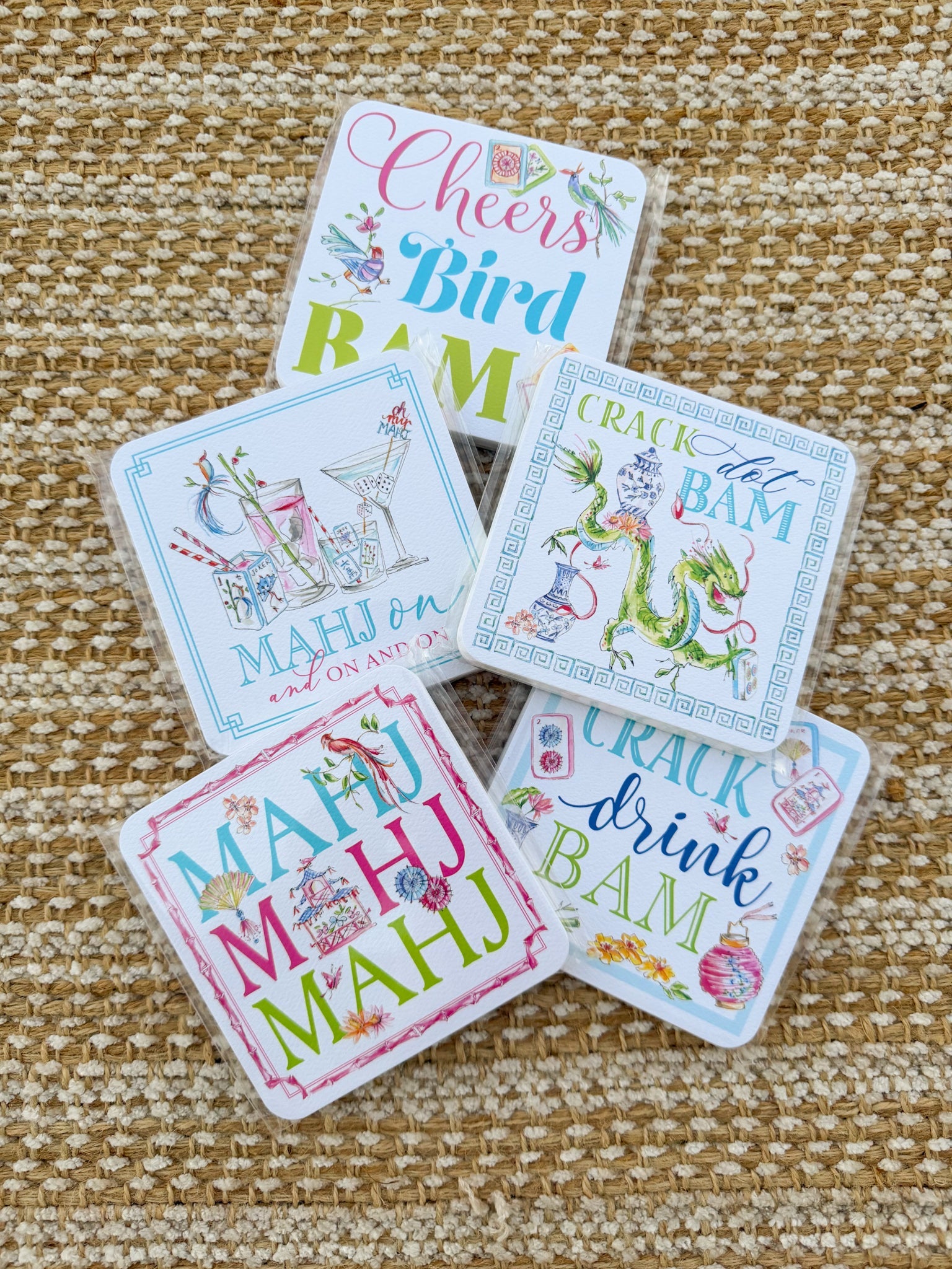 Mahjong Cocktails Mahj on and on and on Square Coaster - The Pink Pineapple 850