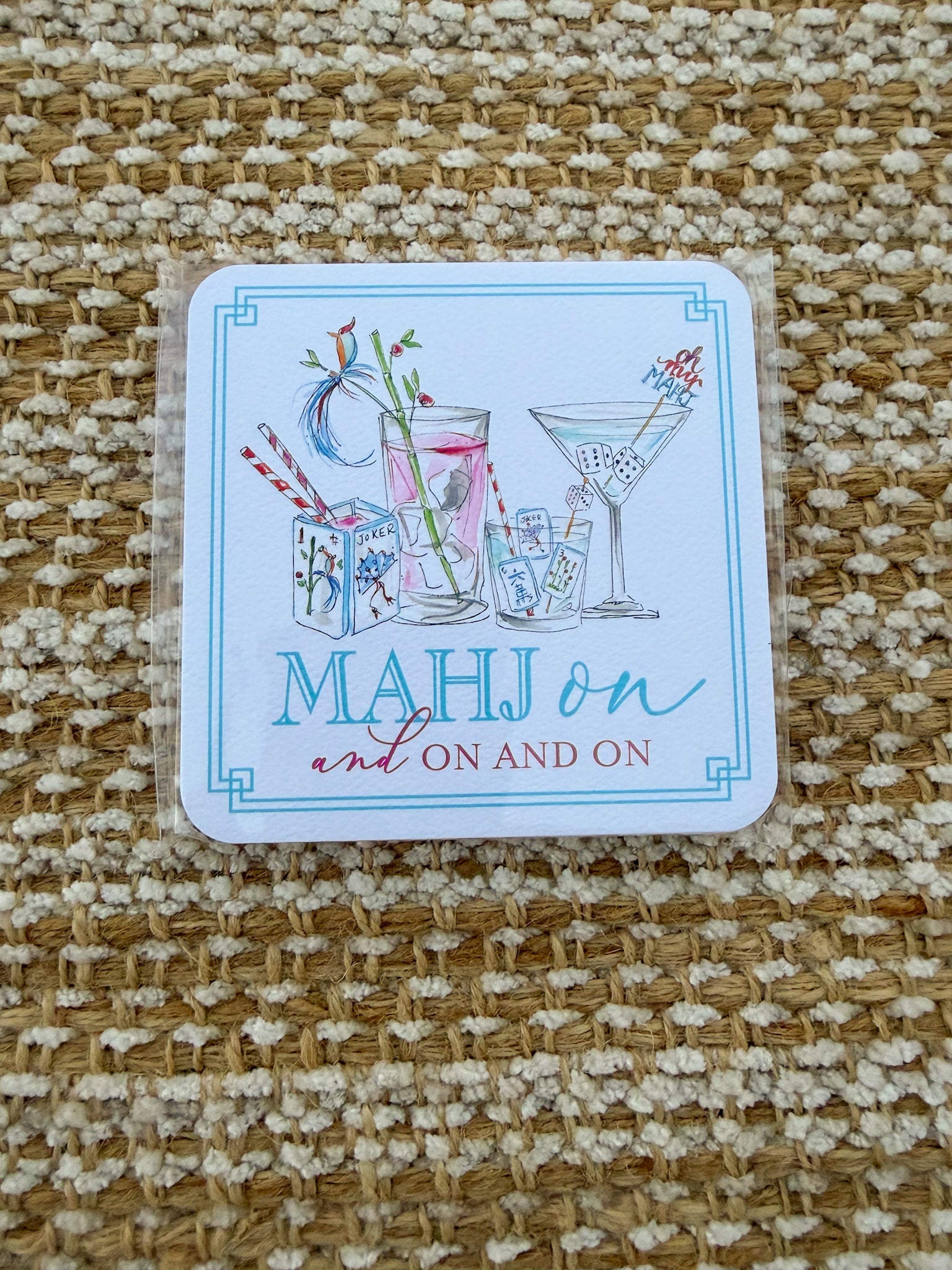 Mahjong Cocktails Mahj on and on and on Square Coaster - The Pink Pineapple 850