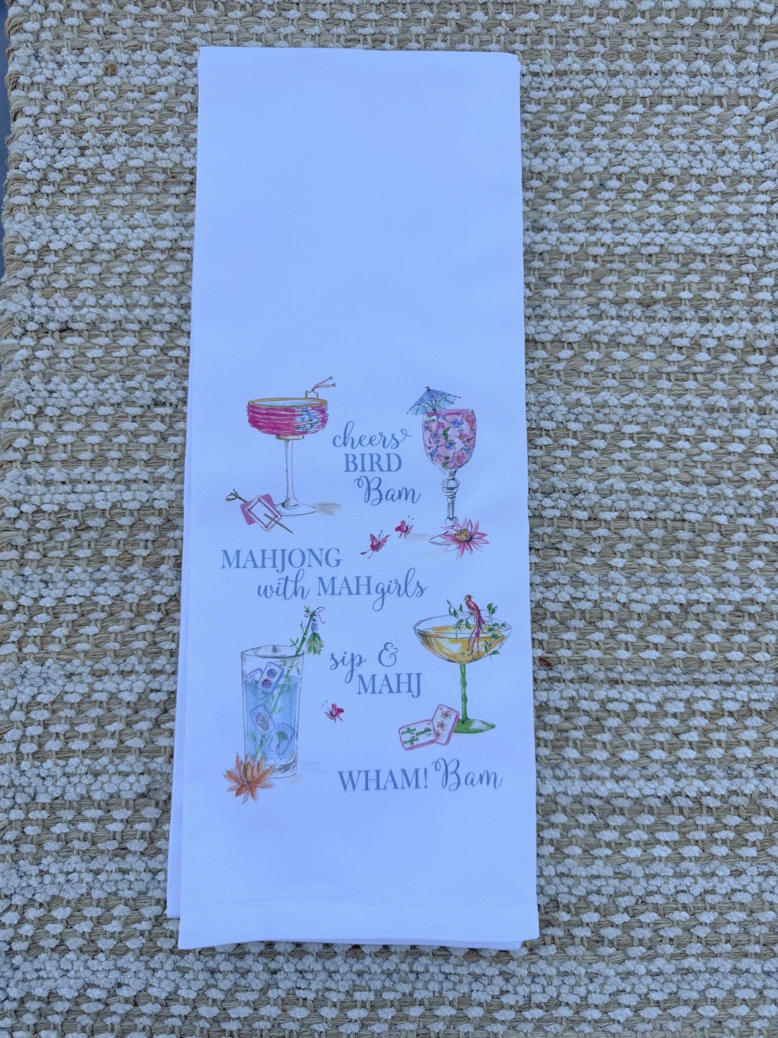 Mahjong Cocktails Saying Cheers Bird Bam Kitchen Towel - The Pink Pineapple 850