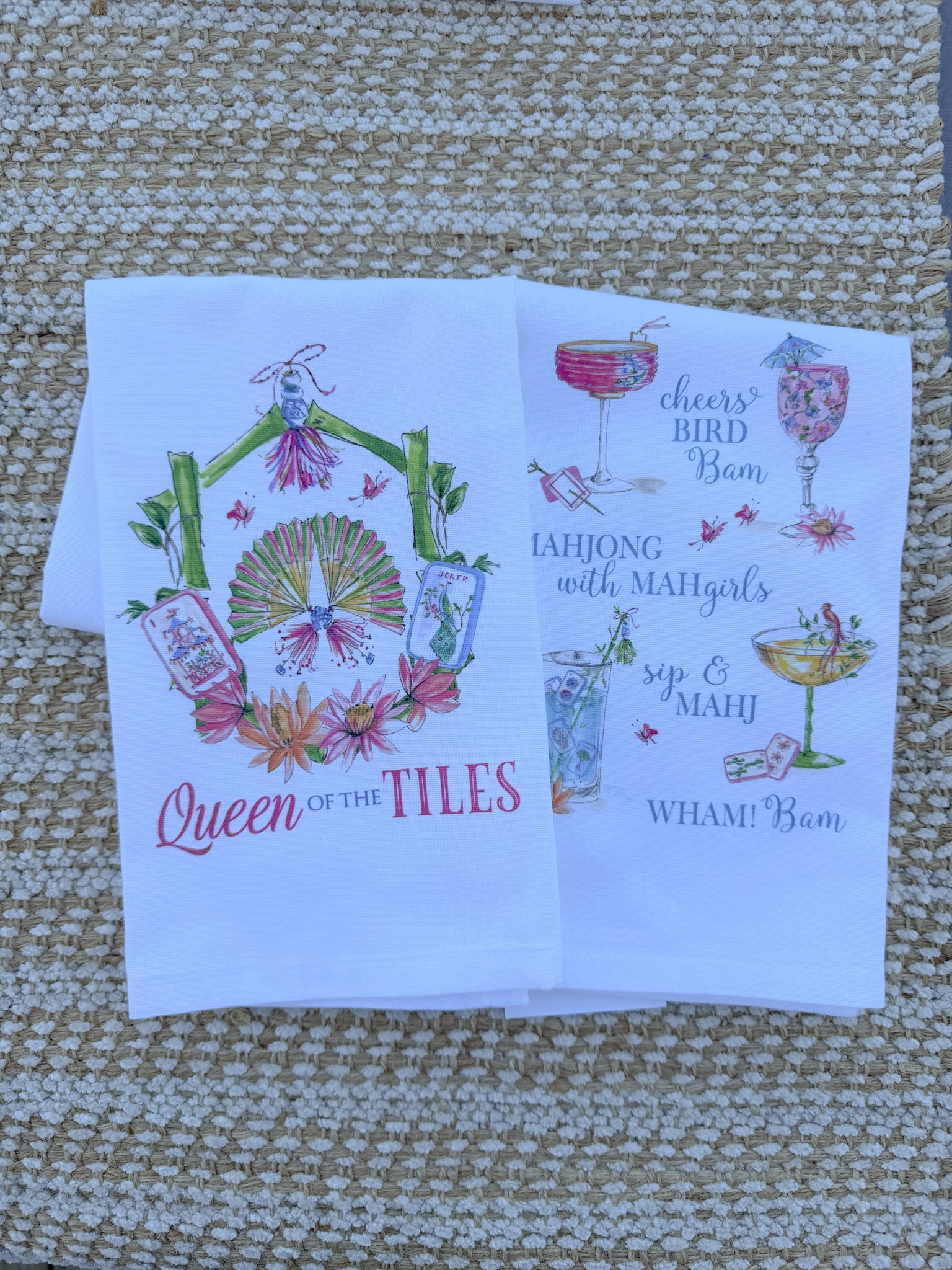 Mahjong Cocktails Saying Cheers Bird Bam Kitchen Towel - The Pink Pineapple 850