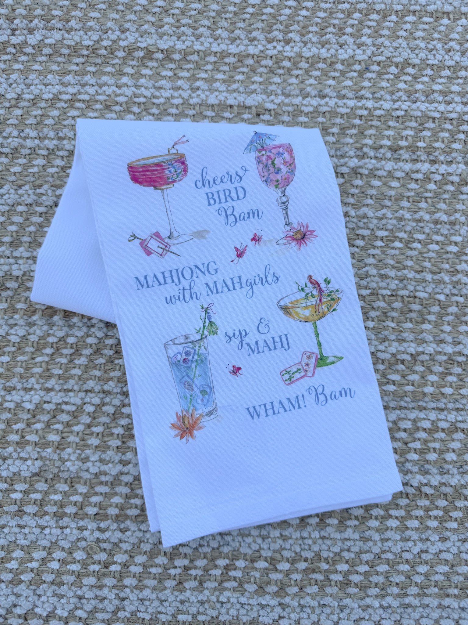 Mahjong Cocktails Saying Cheers Bird Bam Kitchen Towel - The Pink Pineapple 850