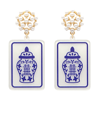 Mahjong Earrings – Blue & White Ginger Jar Tiles - The Pink Pineapple 850