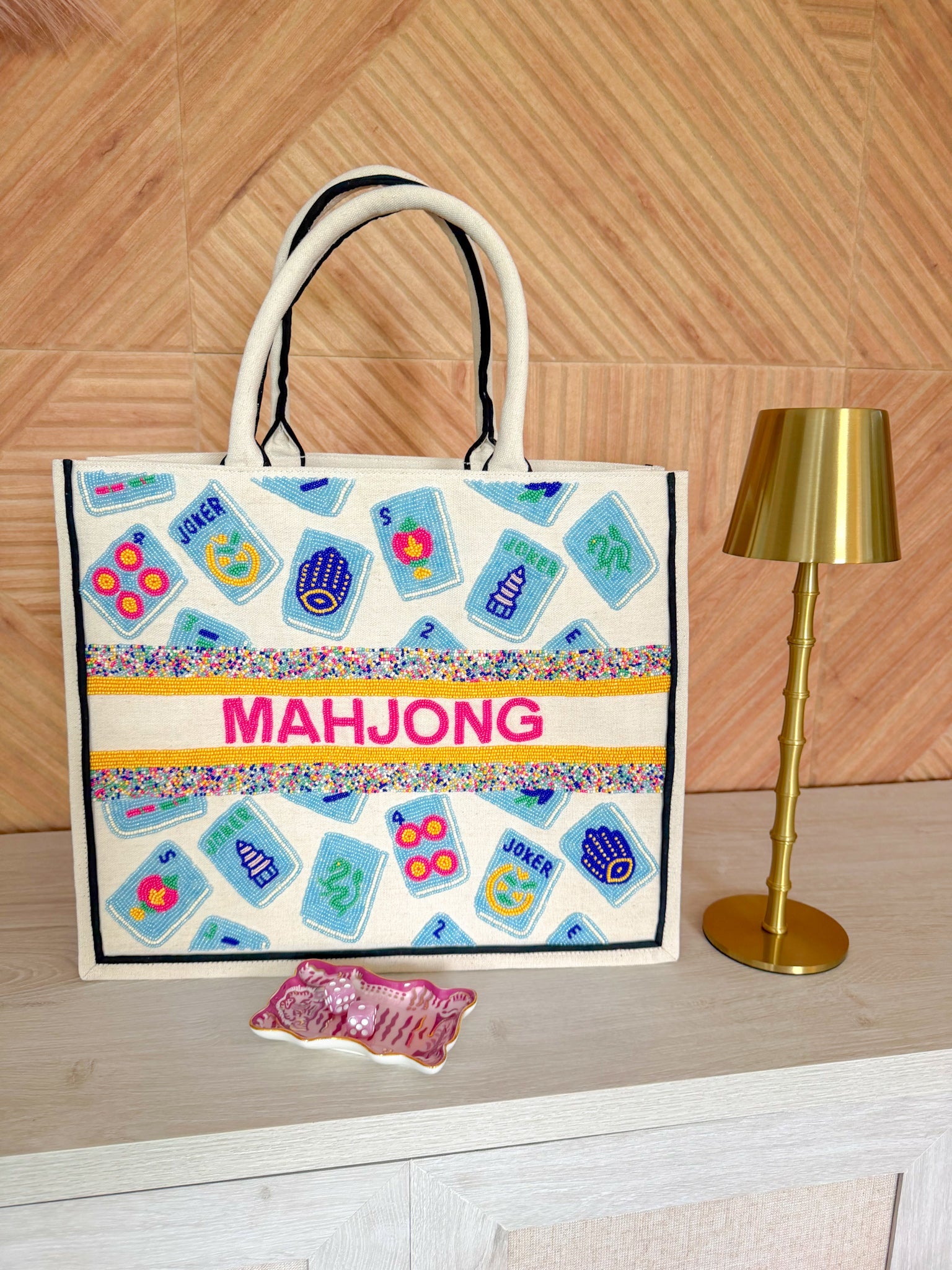 Mahjong Hand Beaded Tote Bag - The Pink Pineapple 850