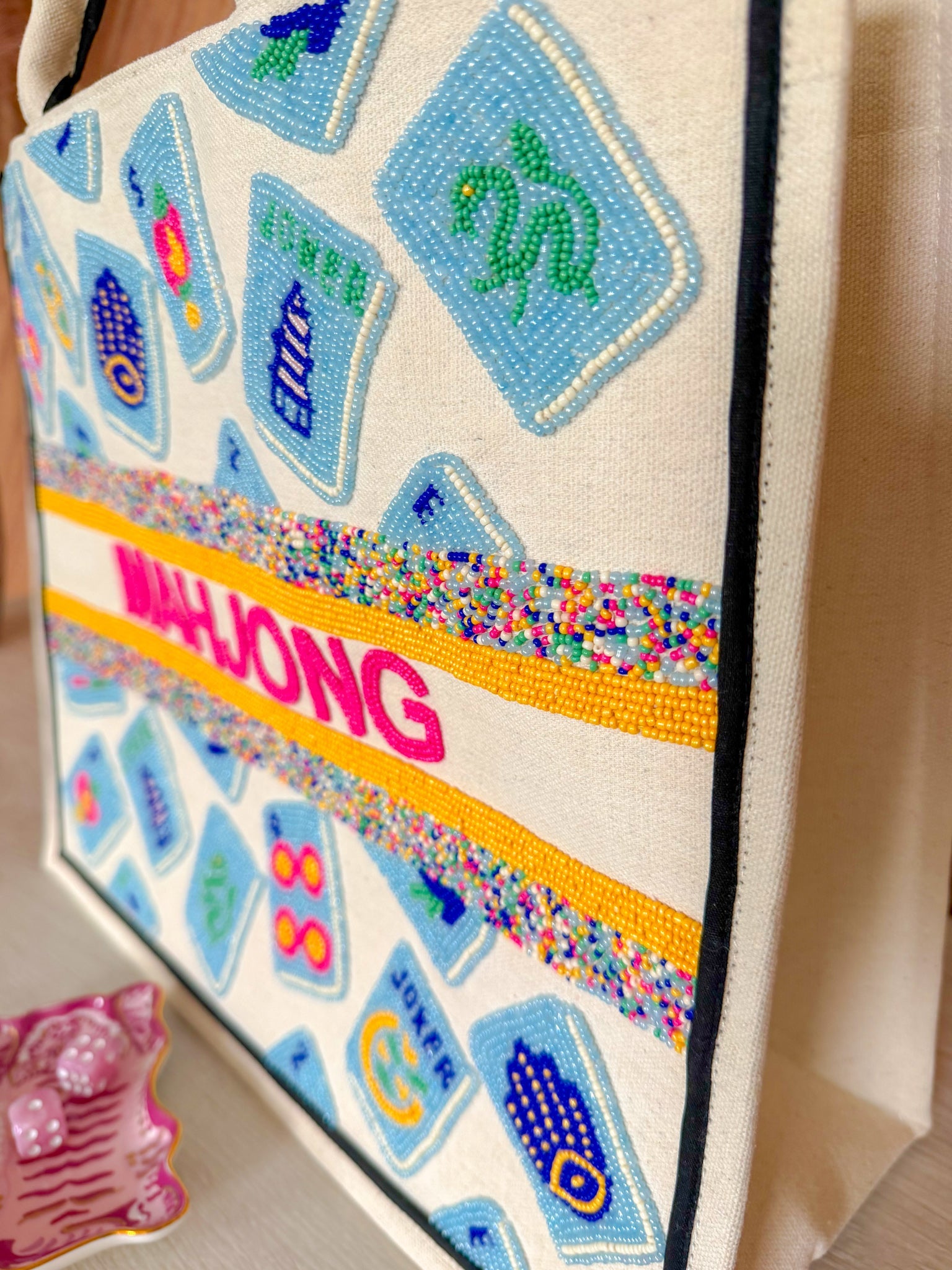 Mahjong Hand Beaded Tote Bag - The Pink Pineapple 850
