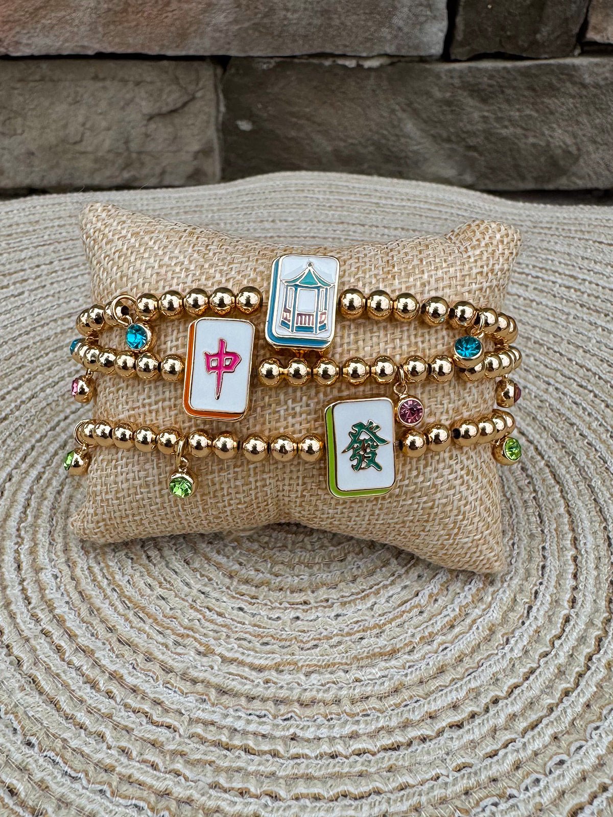 Mahjong Lucky Charms Gold Ball Bead Bracelet Set of 3 - The Pink Pineapple 850