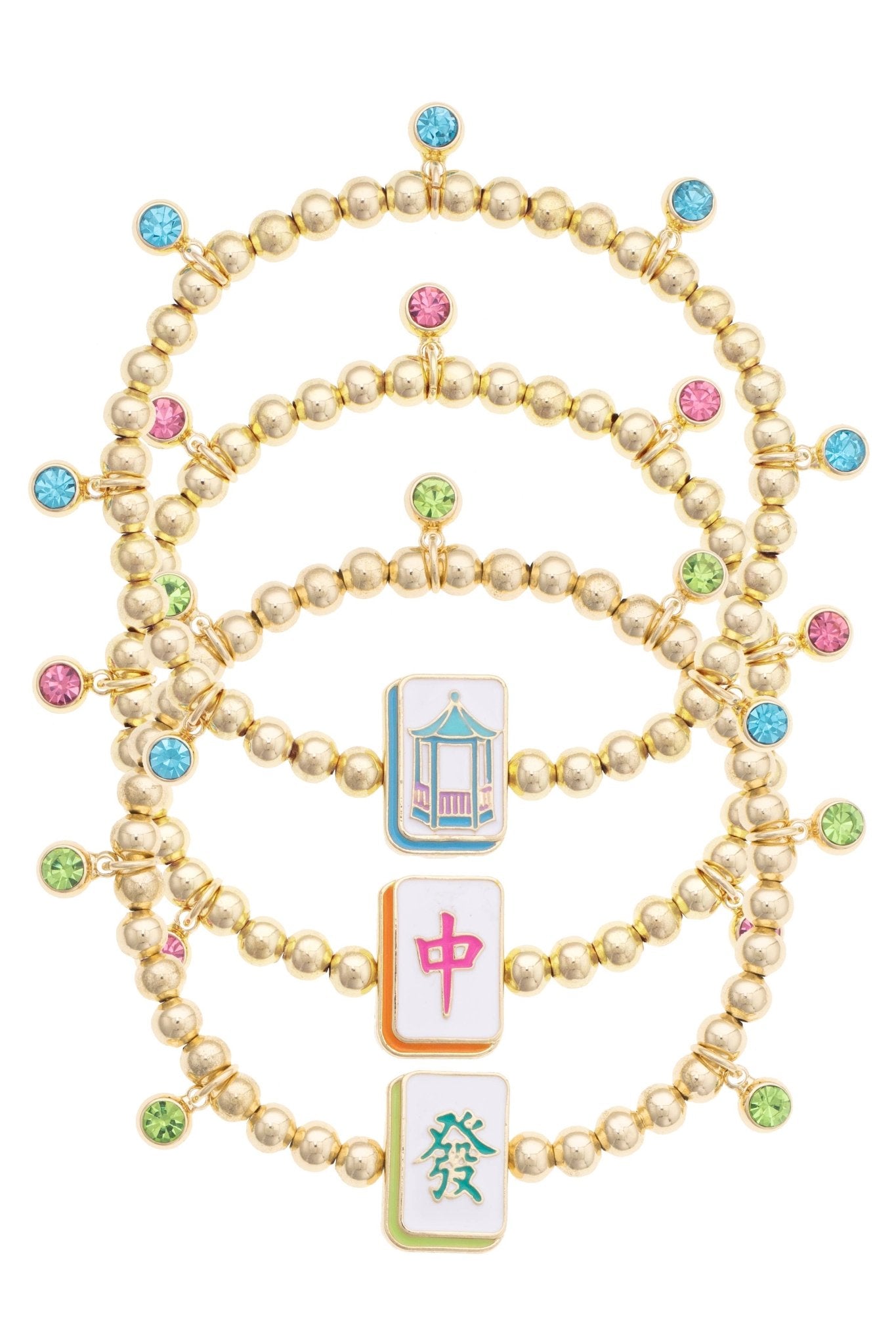 Mahjong Lucky Charms Gold Ball Bead Bracelet Set of 3 - The Pink Pineapple 850