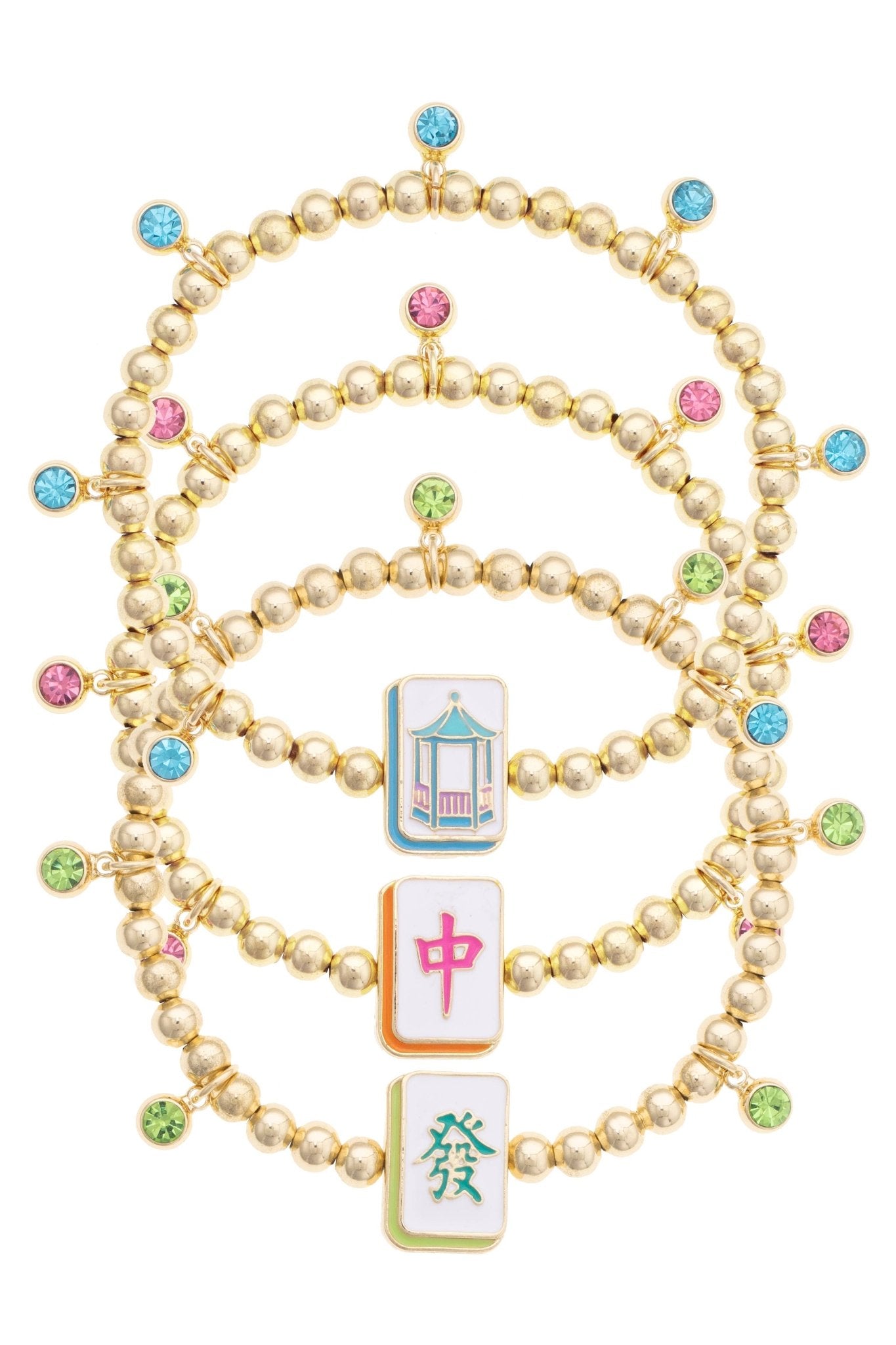 Mahjong Lucky Charms Gold Ball Bead Bracelet Set of 3 - The Pink Pineapple 850