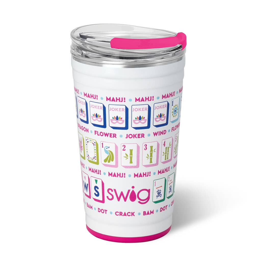 Colorful mahjong tile print insulated 24oz stainless steel party cup with slider lid.