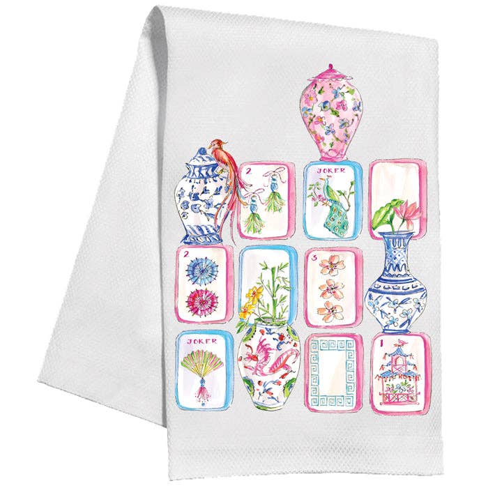 Mahjong Tiles & Chinoiserie Pots Kitchen Towel - The Pink Pineapple 850