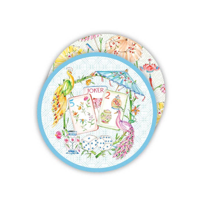 Mahjong Tiles & Colorful Peacocks Round Coasters - The Pink Pineapple 850