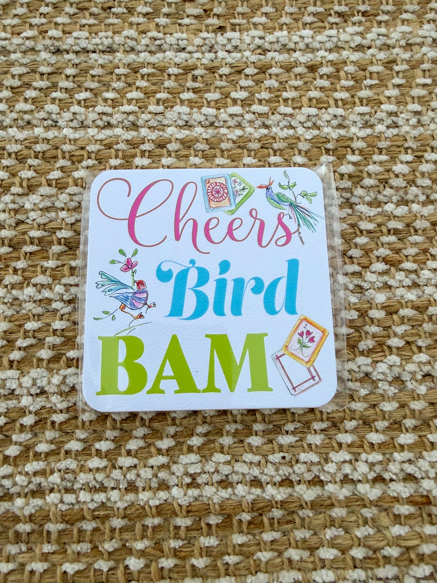 Mahjong Tiles with Birds Cheers Bird Bam Square Coaster - The Pink Pineapple 850