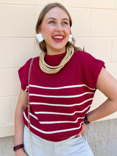Mariner Stripe Mockneck Sweater in Burgundy - The Pink Pineapple 850