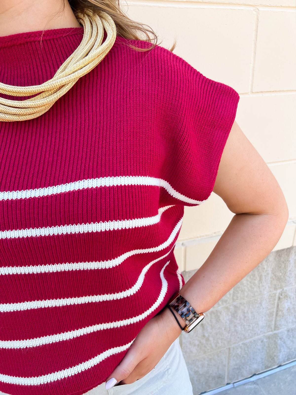 Mariner Stripe Mockneck Sweater in Burgundy - The Pink Pineapple 850
