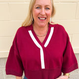 Maroon Stripe V - Neck Collared Sweater - The Pink Pineapple 850