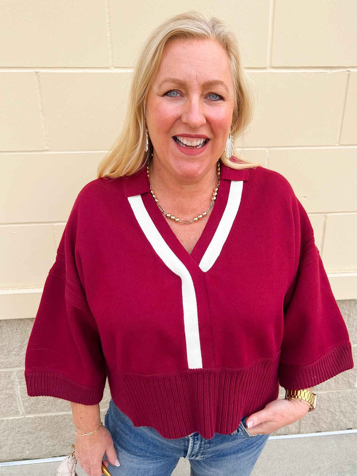 Maroon Stripe V - Neck Collared Sweater - The Pink Pineapple 850