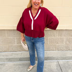 Maroon Stripe V - Neck Collared Sweater - The Pink Pineapple 850