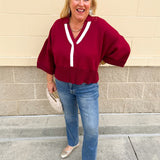 Maroon Stripe V - Neck Collared Sweater - The Pink Pineapple 850