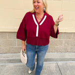 Maroon Stripe V - Neck Collared Sweater - The Pink Pineapple 850