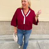 Maroon Stripe V - Neck Collared Sweater - The Pink Pineapple 850