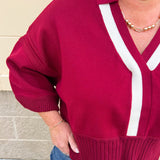 Maroon Stripe V - Neck Collared Sweater - The Pink Pineapple 850