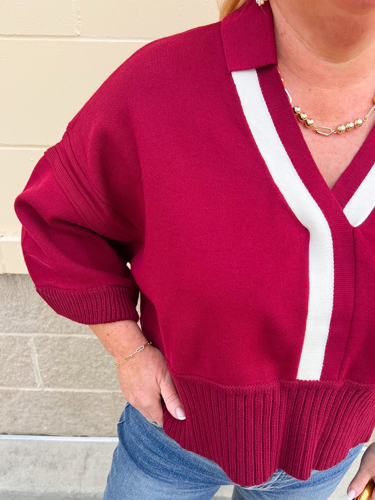 Maroon Stripe V - Neck Collared Sweater - The Pink Pineapple 850