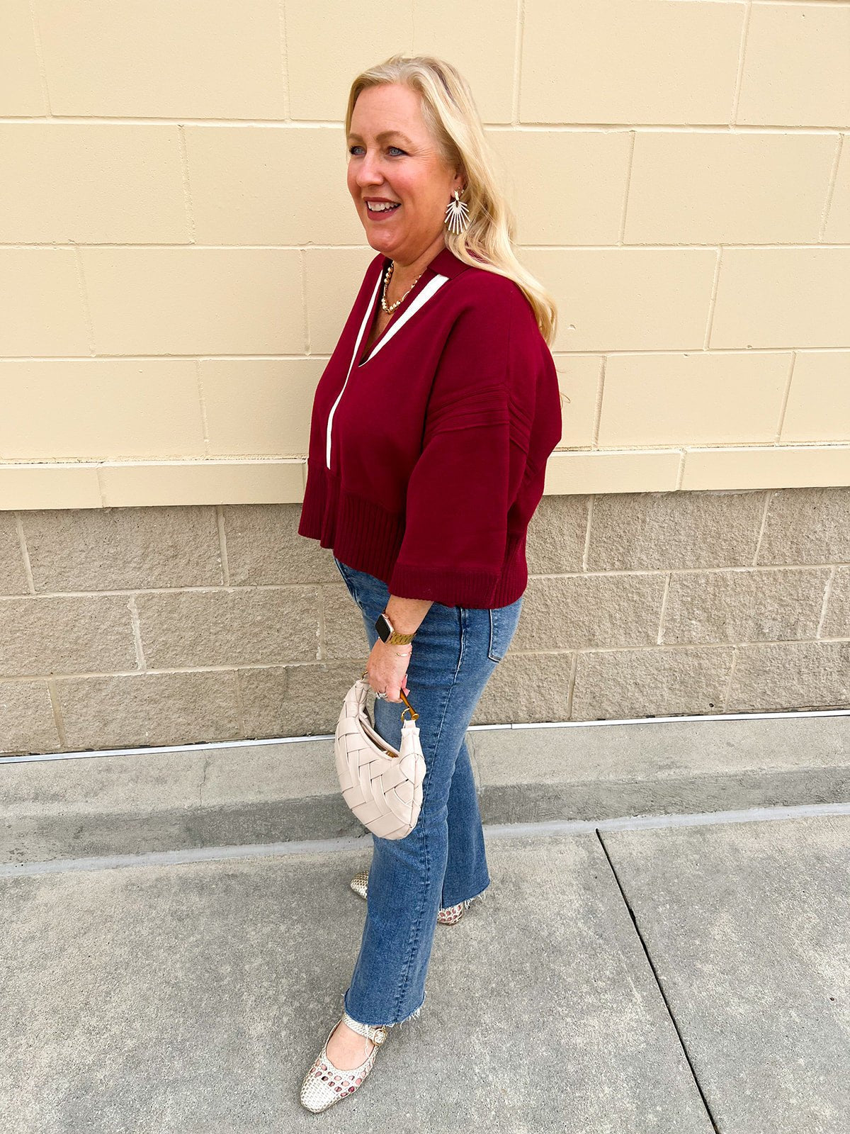 Maroon Stripe V - Neck Collared Sweater - The Pink Pineapple 850