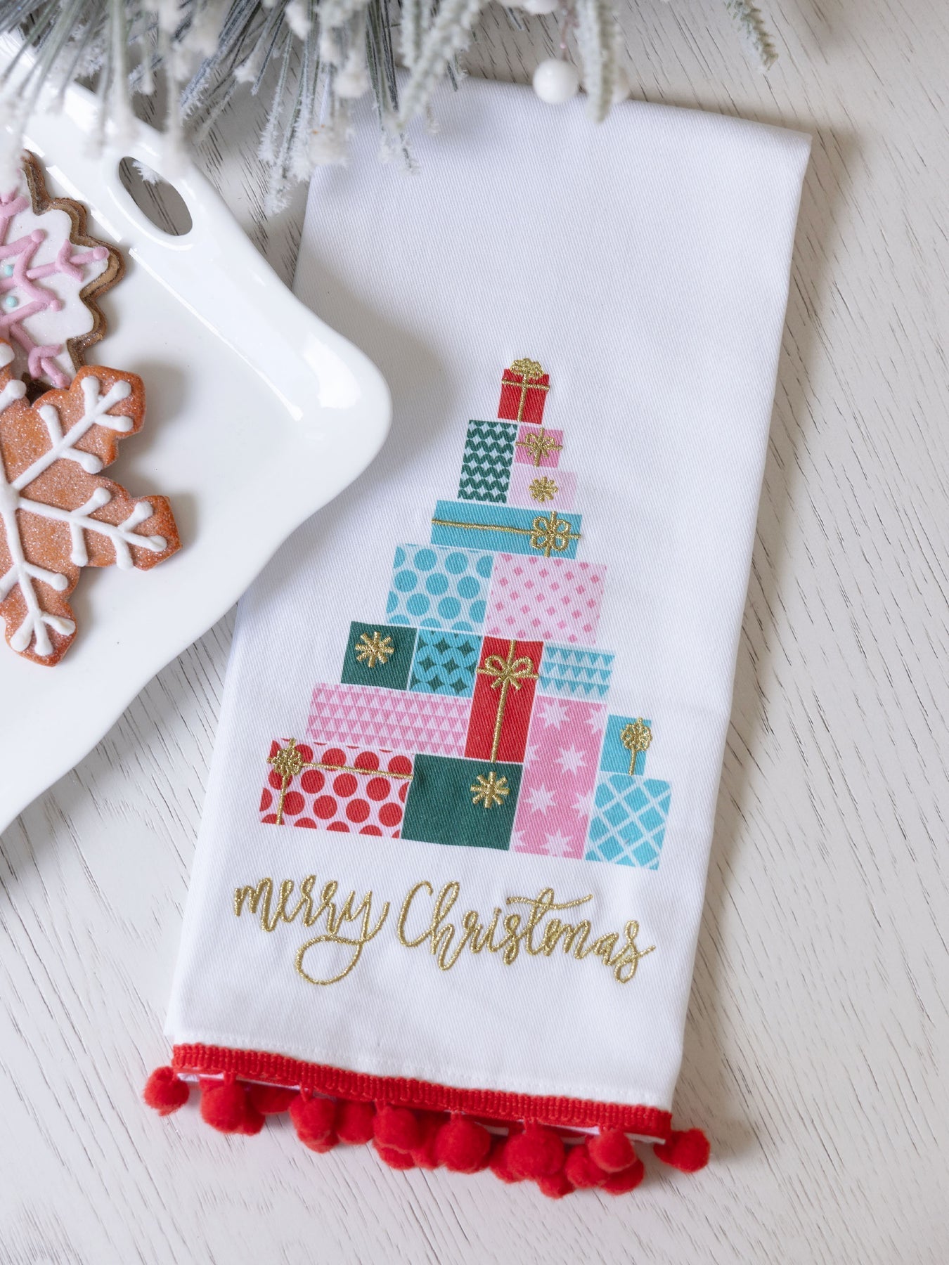 Mary Square Present Tree Tea Towel - The Pink Pineapple 850