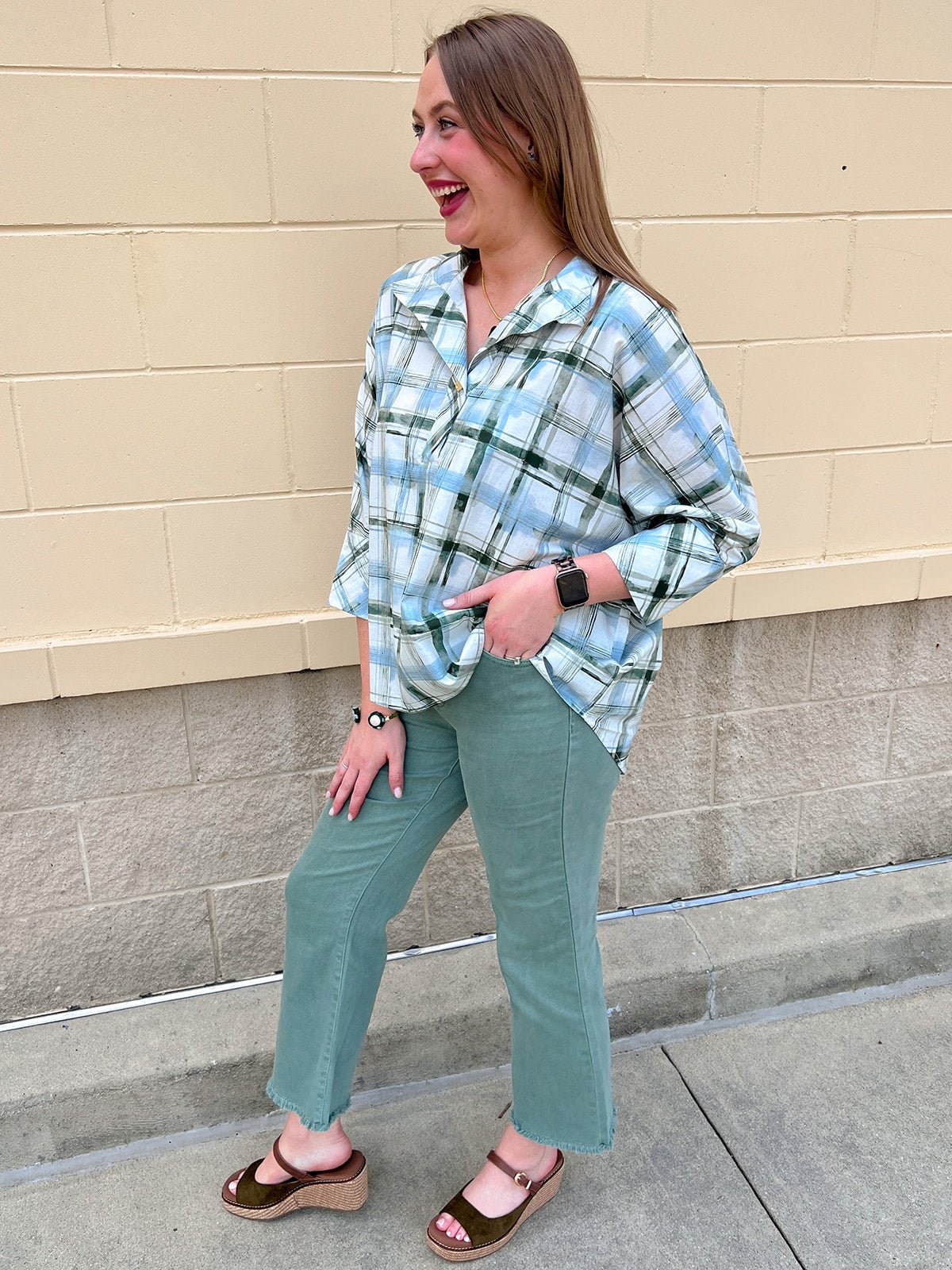 Meadow Plaid Button-Up Blouse - The Pink Pineapple 850