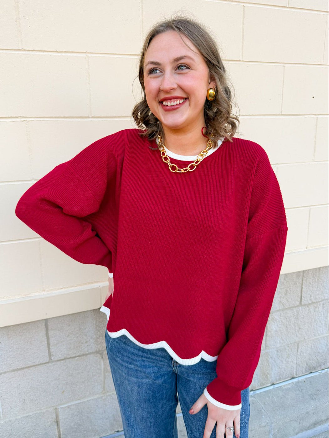 Merry Trim Scalloped Hem Sweater - The Pink Pineapple 850