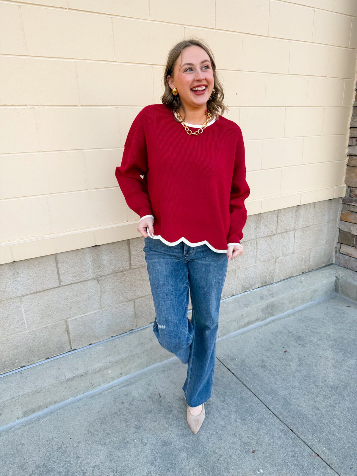 Merry Trim Scalloped Hem Sweater - The Pink Pineapple 850