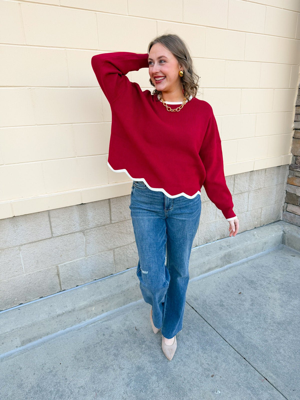 Merry Trim Scalloped Hem Sweater - The Pink Pineapple 850