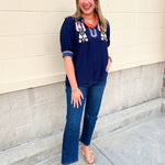 Midnight Floral V-Neck Puff Sleeve Blouse - The Pink Pineapple 850