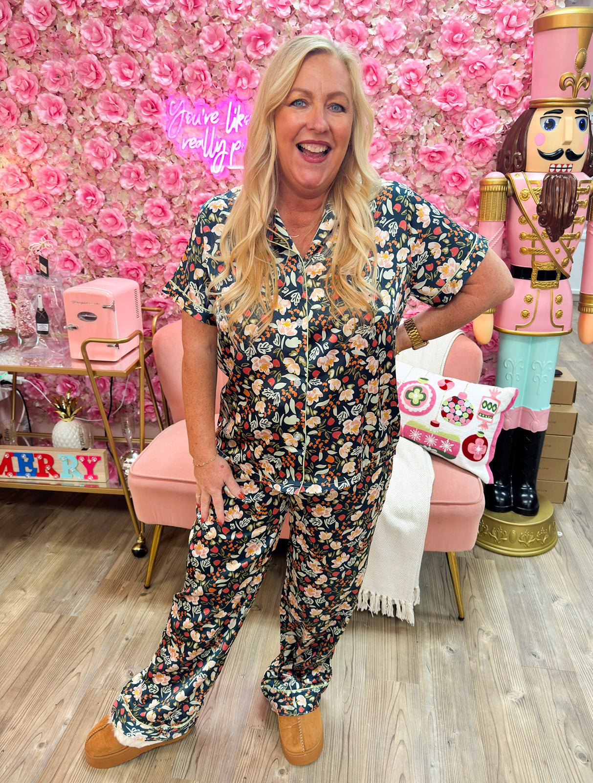 Midnight Garden Satin Pajama Top - The Pink Pineapple 850