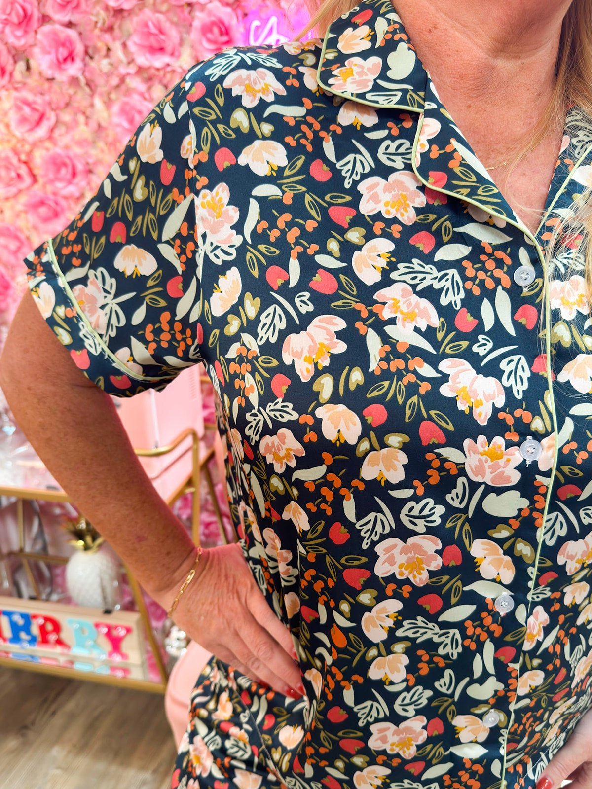 Midnight Garden Satin Pajama Top - The Pink Pineapple 850