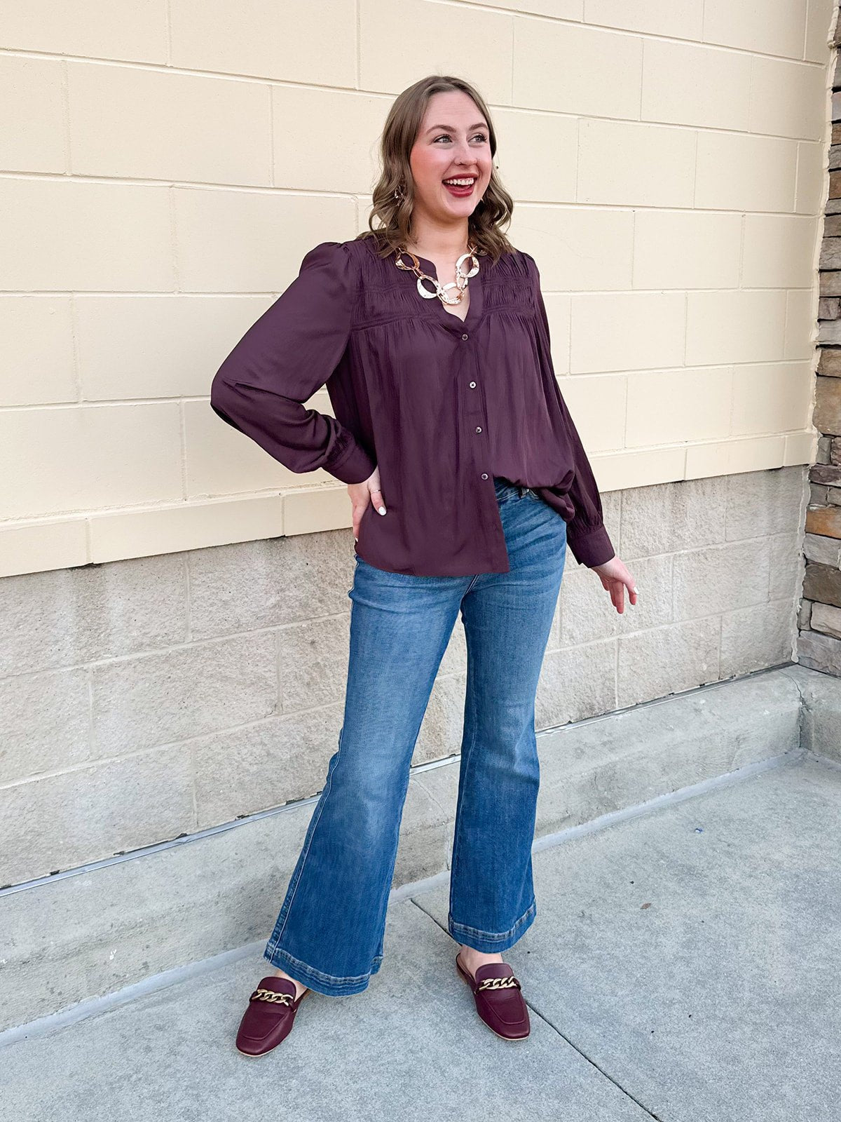 Midnight Plum Split Neck Blouse - The Pink Pineapple 850