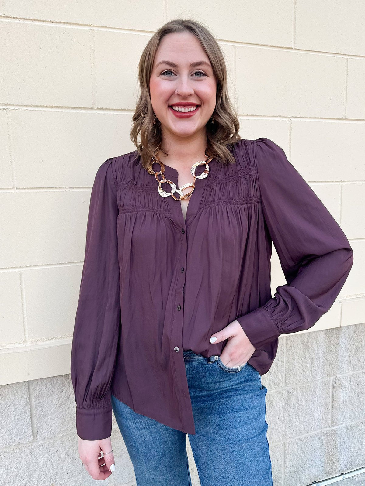 Midnight Plum Split Neck Blouse - The Pink Pineapple 850