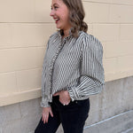 Midnight Stripes Button - Front Ruffle Blouse - The Pink Pineapple 850