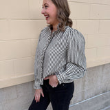 Midnight Stripes Button - Front Ruffle Blouse - The Pink Pineapple 850