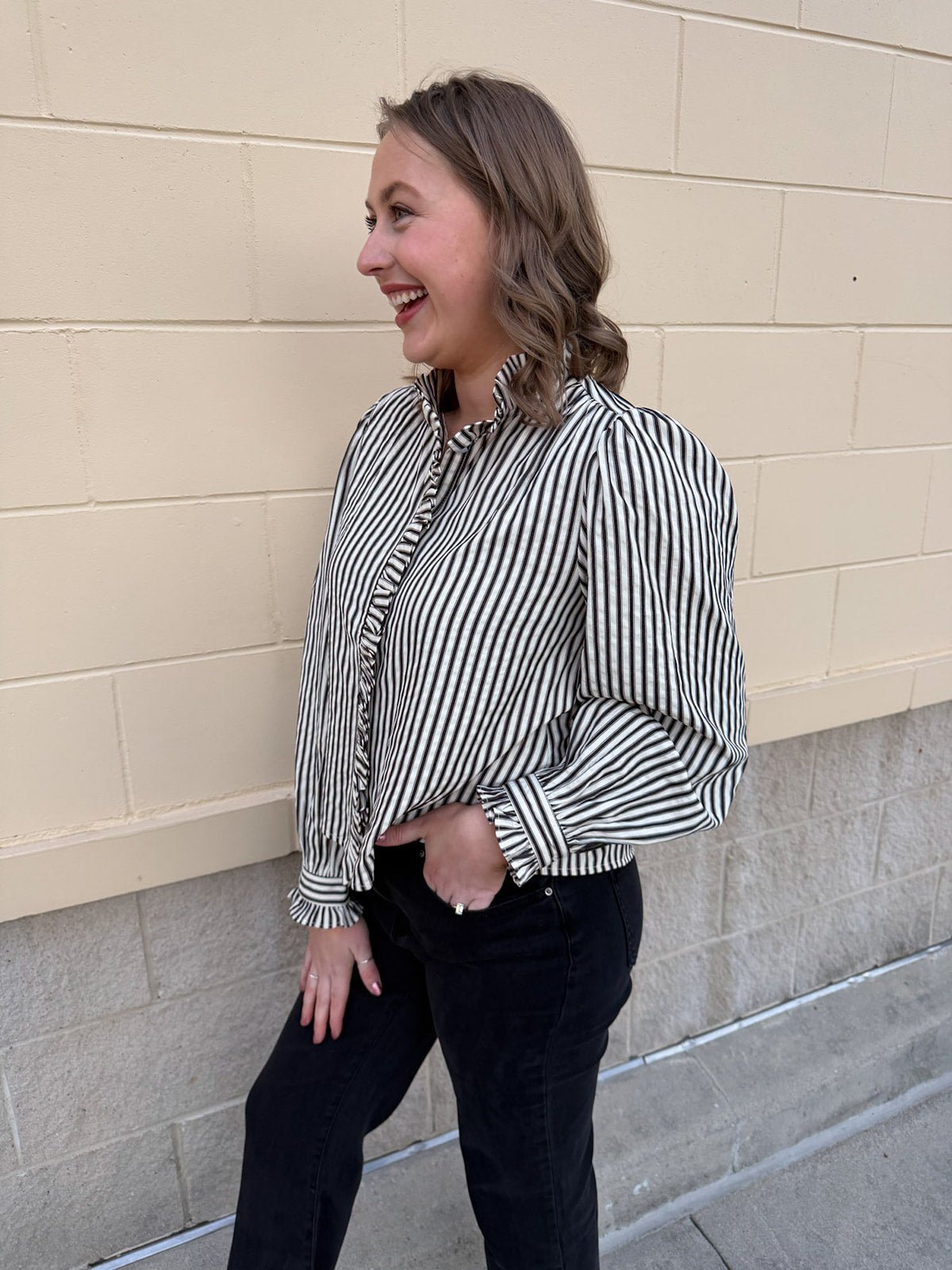 Midnight Stripes Button - Front Ruffle Blouse - The Pink Pineapple 850