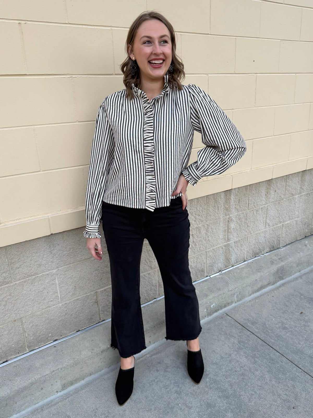 Midnight Stripes Button - Front Ruffle Blouse - The Pink Pineapple 850