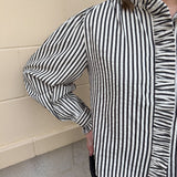 Midnight Stripes Button - Front Ruffle Blouse - The Pink Pineapple 850