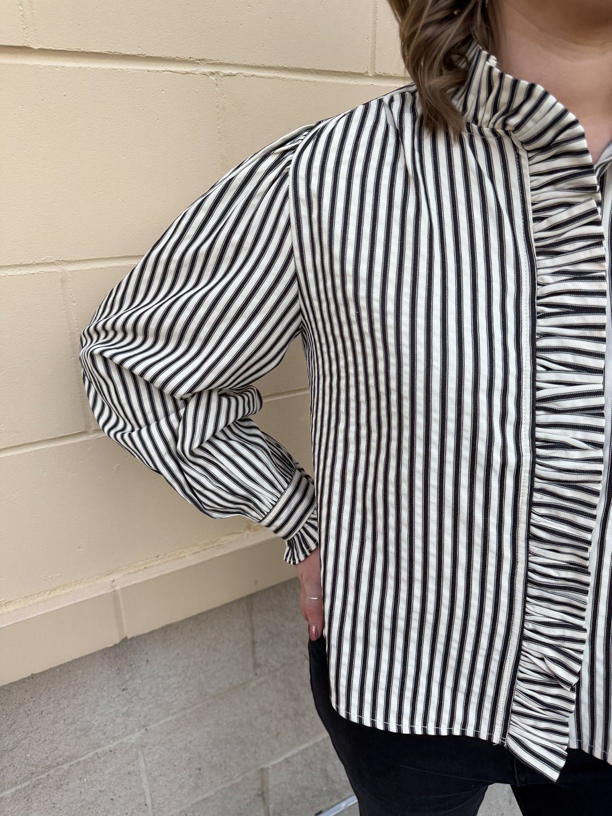 Midnight Stripes Button - Front Ruffle Blouse - The Pink Pineapple 850