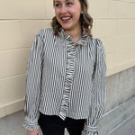 Midnight Stripes Button - Front Ruffle Blouse - The Pink Pineapple 850