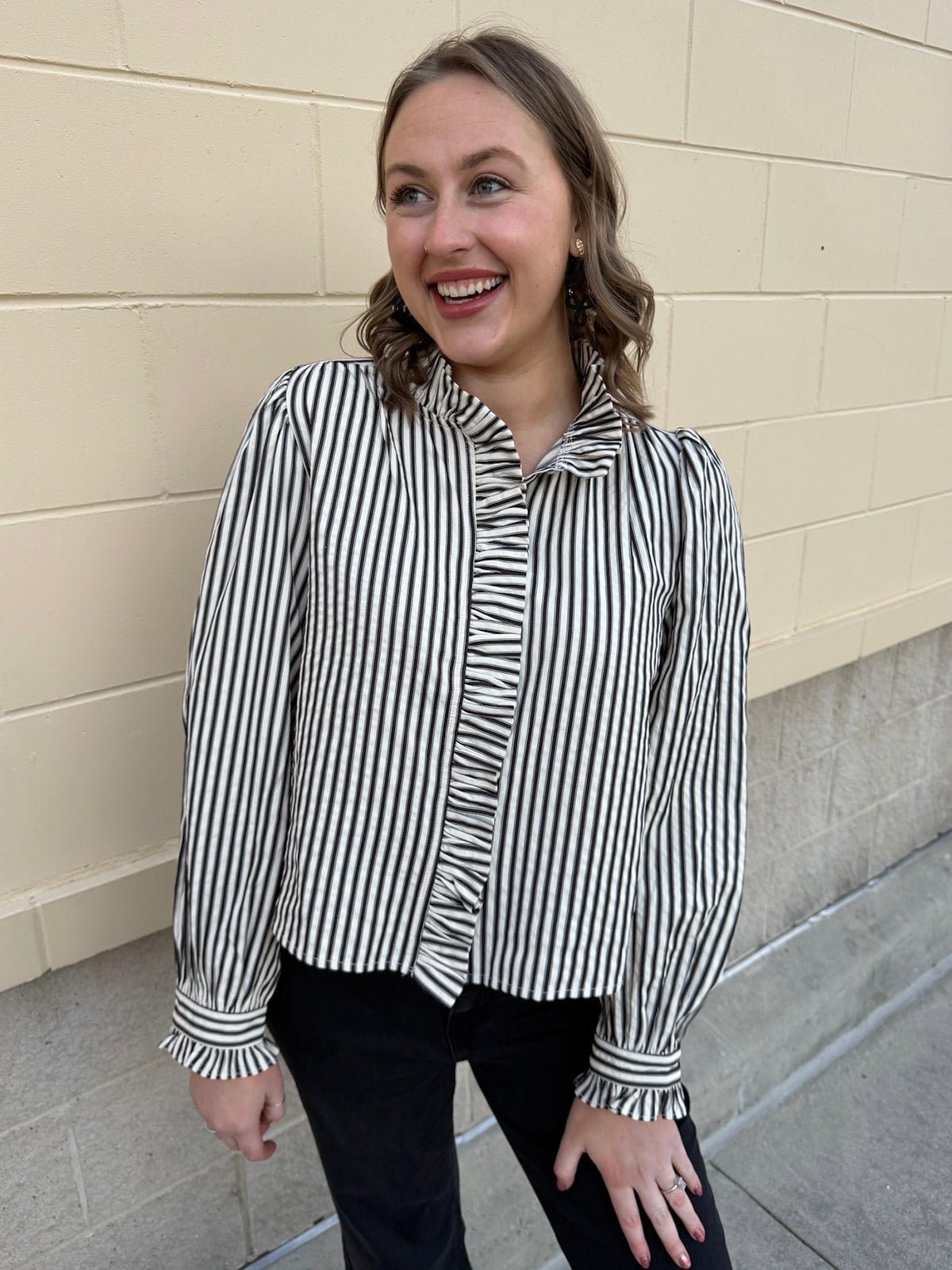 Midnight Stripes Button - Front Ruffle Blouse - The Pink Pineapple 850