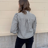 Midnight Stripes Button - Front Ruffle Blouse - The Pink Pineapple 850