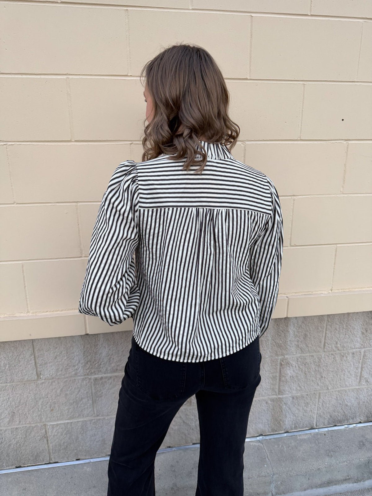 Midnight Stripes Button - Front Ruffle Blouse - The Pink Pineapple 850