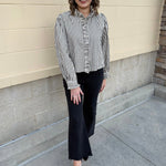 Midnight Stripes Button - Front Ruffle Blouse - The Pink Pineapple 850