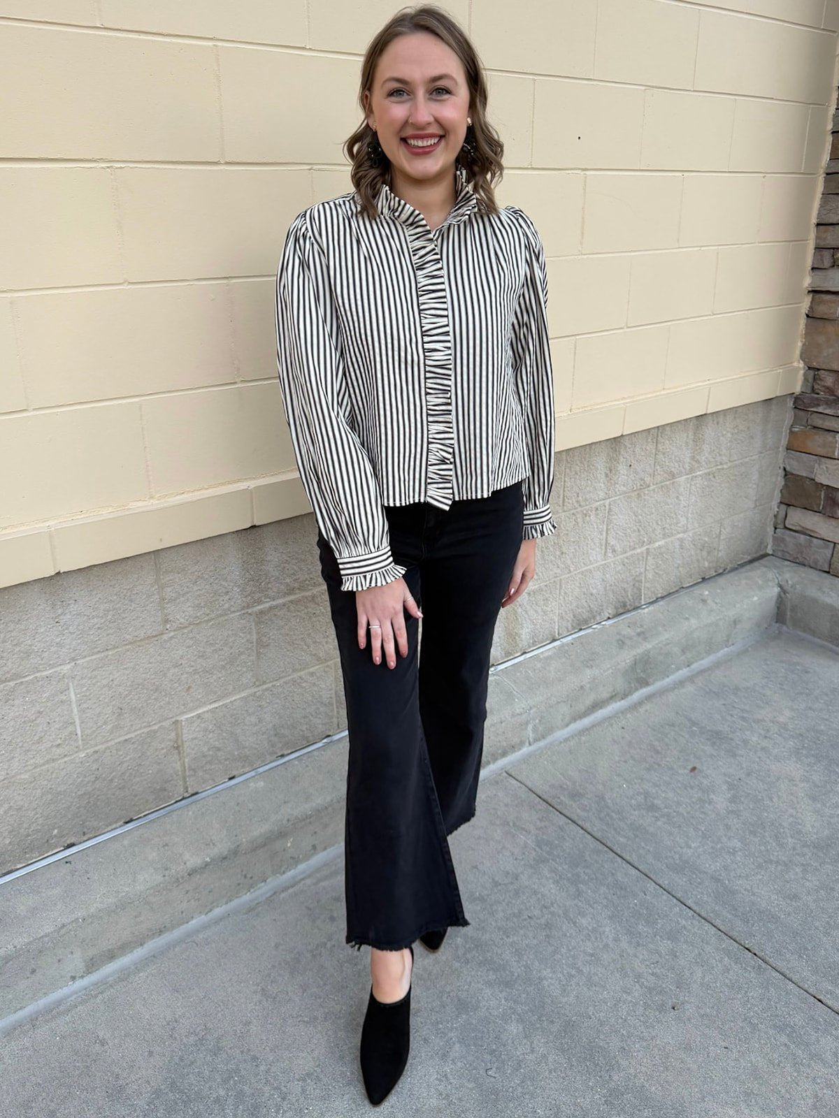 Midnight Stripes Button - Front Ruffle Blouse - The Pink Pineapple 850