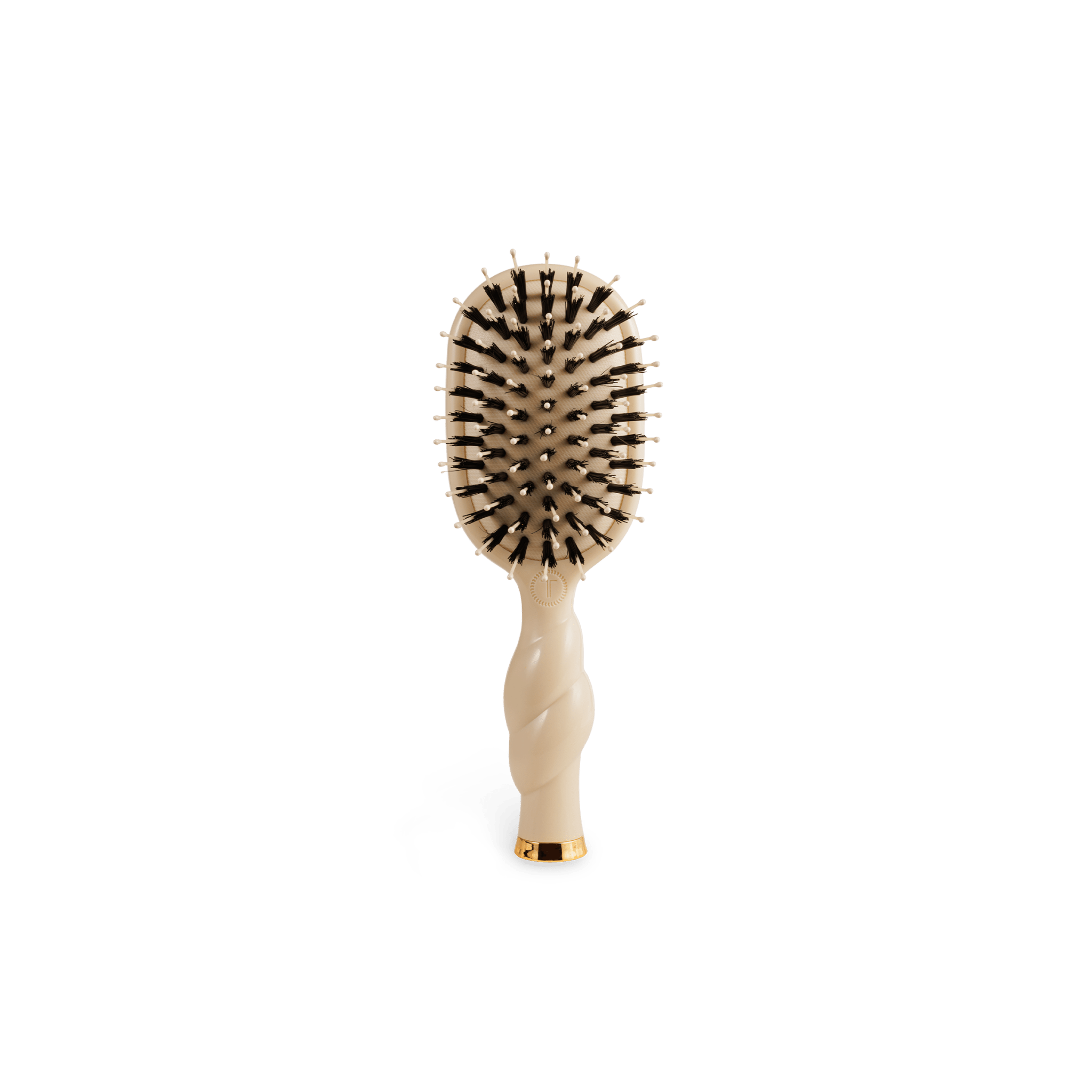 Mini tan boar bristle travel hairbrush with coil handle and mirror